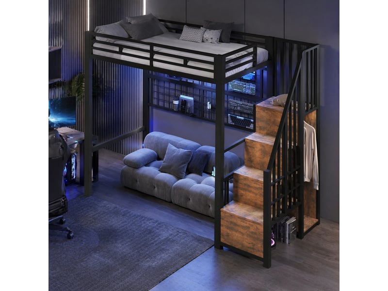  Lit mezzanine 90x200 cm avec échelle armoire, éclairage led 7 couleurs en métal noir  - Conforama C