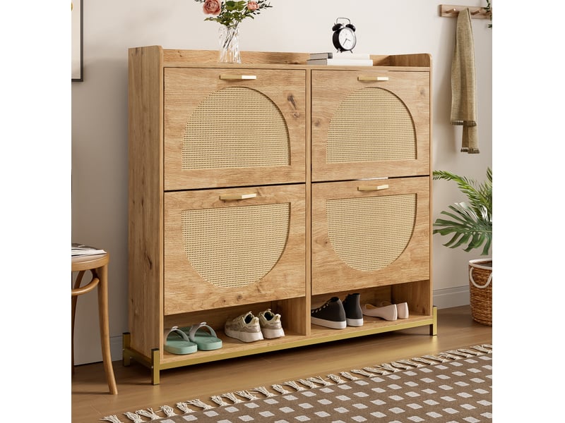  Meuble à chaussures 4 portes en mdf avec détails en rotin, finition bois  - Conforama D