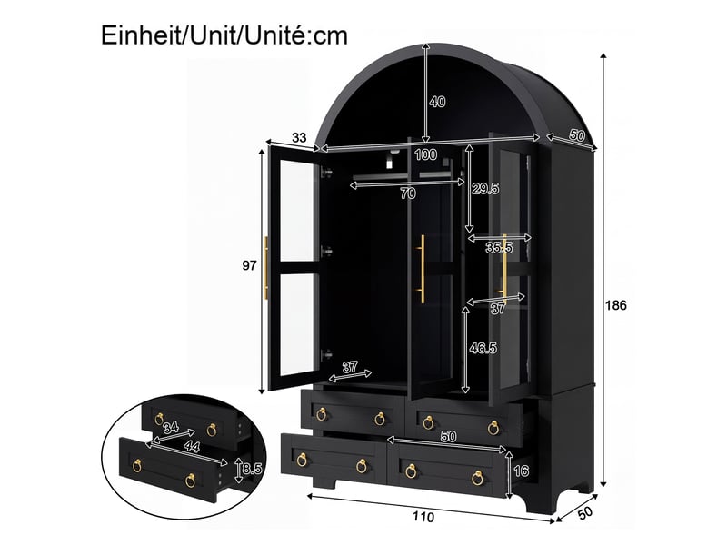  Armoire à 3 portes vitrées et 4 tiroirs, 110 x 50 x 186 cm, avec éclairage led, tringle intégrée et étagères, couleur noir  - Conforama C