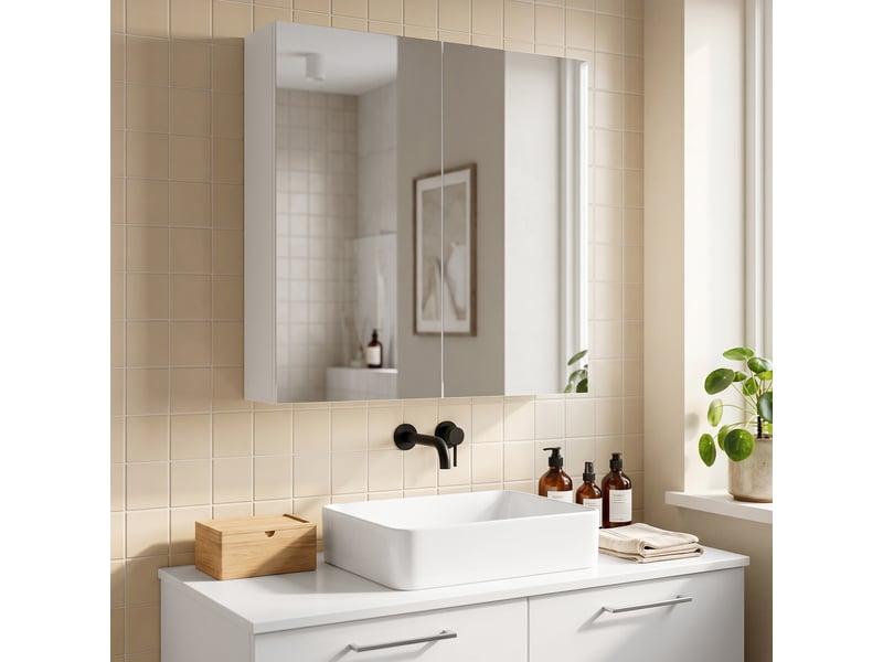 Armoire avec miroir en bois rangement salle de bain fermeture porte tampon mdf - Conforama D