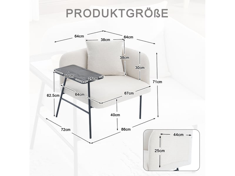  Fauteuil de détente beige en chenille avec table d'appoint et rangements  - Conforama E