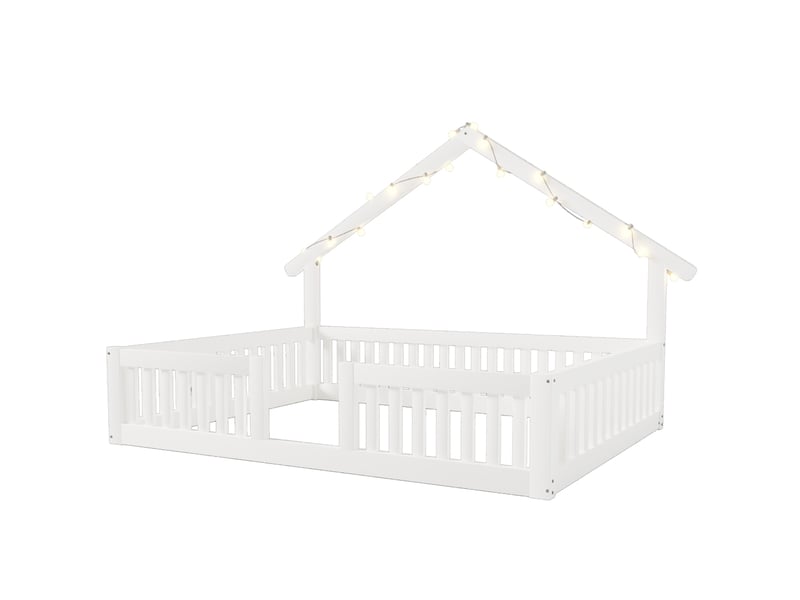  Lit cabane au sol enfant 140x200 cm bois naturel, barrières de sécurité et guirlande led  - Conforama A