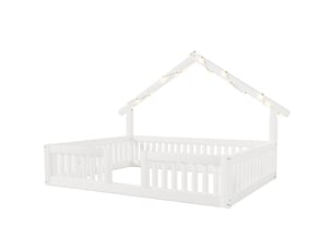 Lit cabane au sol enfant 140x200 cm bois naturel, barrières de sécurité et guirlande led