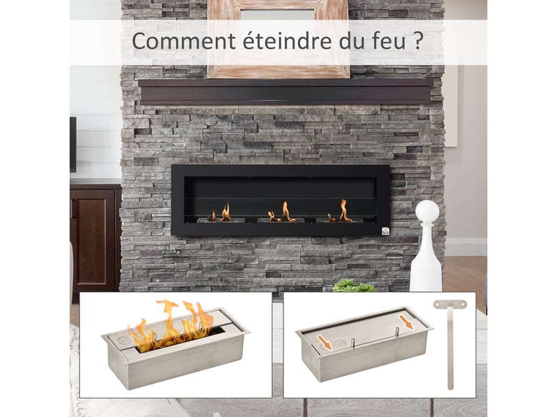  Cheminée bioéthanol murale encastrable 3 brûleurs 3 l au total, environ 3 h de durée de combustion, acier inox noir, dims. 120l x 15l x 40h cm  - Conforama W