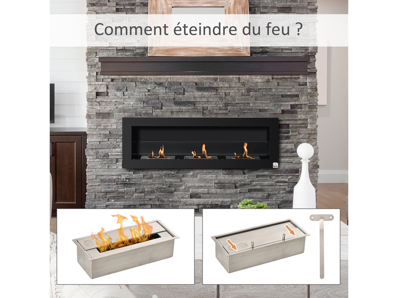  Cheminée bioéthanol murale encastrable 3 brûleurs 3 l au total, environ 3 h de durée de combustion, acier inox noir, dims. 120l x 15l x 40h cm  - Conforama W