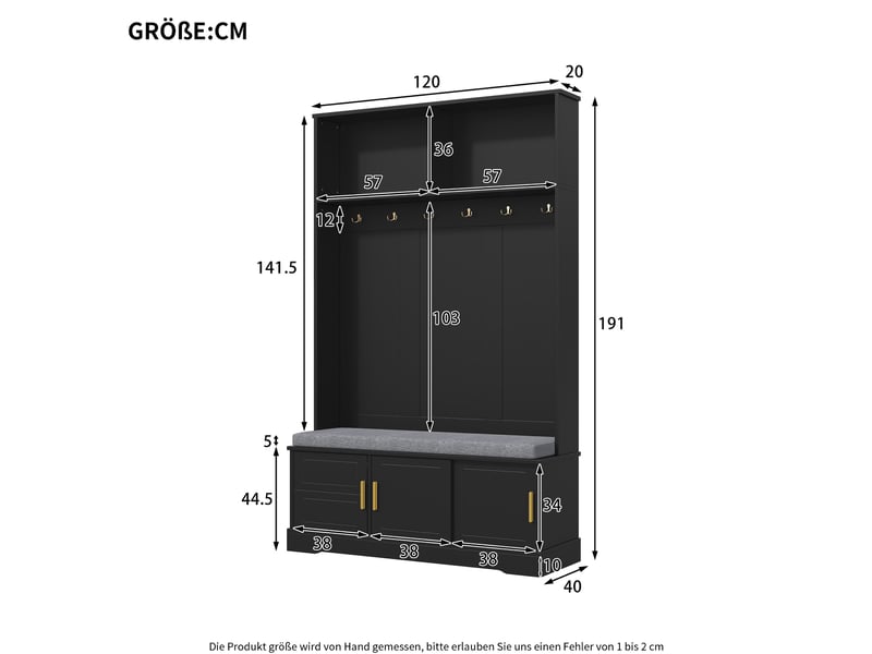  Meuble d'entrée avec banc, range-chaussures et 6 patères triples, rangement ouvert pour couloir, noir, 120 × 40 × 191 cm  - Conforama D