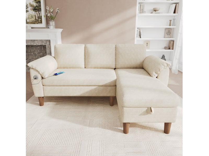  Canapé d'angle 3 places 181x125x88 cm méridienne réversible en chenille beige  - Conforama C