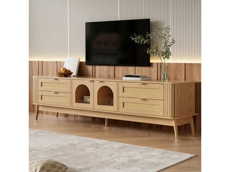  Meuble tv 180 cm avec led, 4 tiroirs en rotin, 2 portes cintrées en verre trempé, poignées métal, pieds en bois massif, naturel Sol Morn - Conforama E