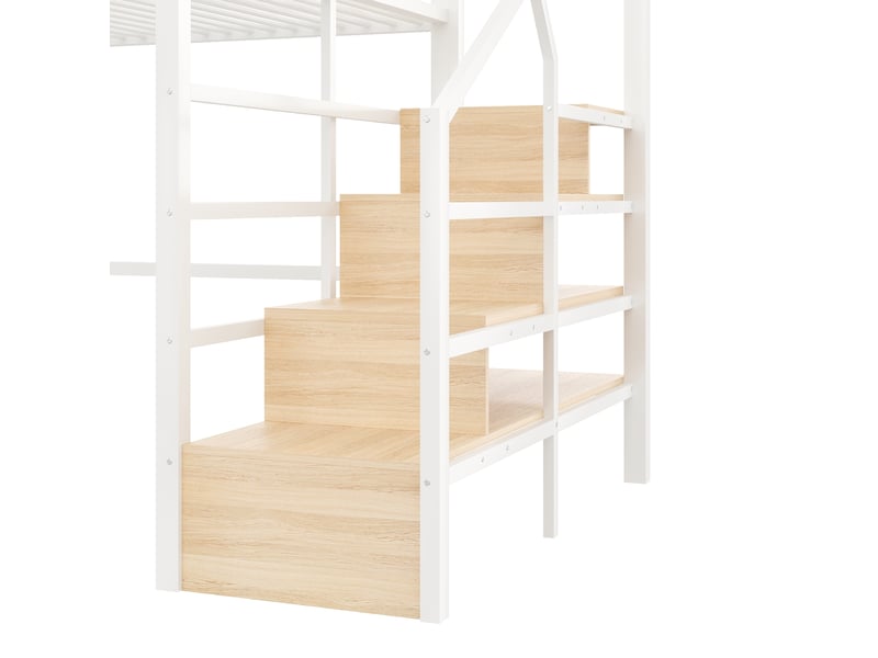  Lit mezzanine avec escalier de rangement et éclairage led, cadre en métal et mdf, 140 x 200 cm, blanc  - Conforama W