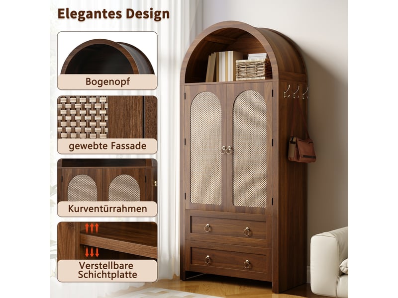  Armoire 80x40x180cm, tablettes ajustables, 2 tiroirs, portes en cannage de rotin, niche cintrée, crochets latéraux  - Conforama E