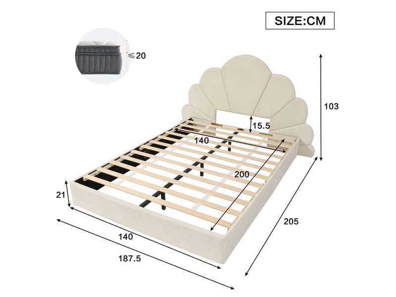  Lit double capitonné 140x200 cm en velours beige avec tête de lit en pétales  - Conforama C
