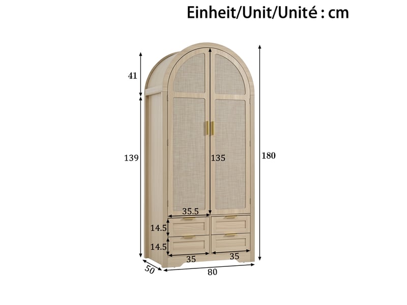  Armoire 80x50x180 cm avec 2 portes incurvées et 4 tiroirs en mdf couleur chêne clair, panneaux de portes en rotin  - Conforama C