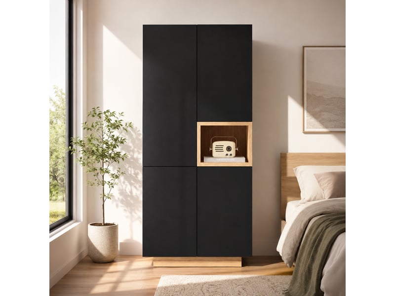  Armoire 2 portes 90 x 45 x 200 cm, 2 penderies, 5 compartiments et 1 niche ouverte, noir  - Conforama E