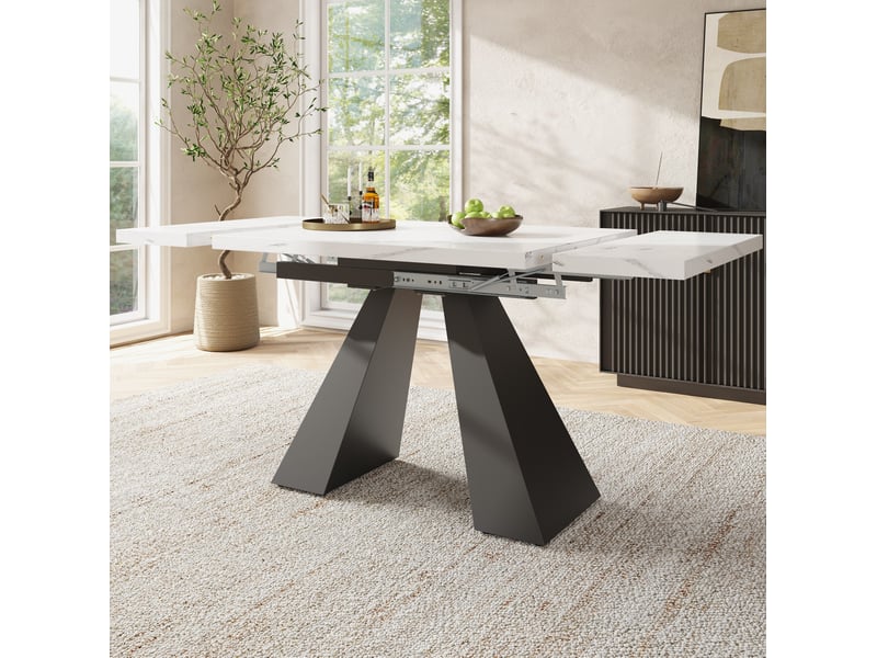  Table extensible (99)159×74x77cm, pieds en colonne, surface à motif marbre (non en marbre), mdf, métal, blanc et noir  - Conforama B