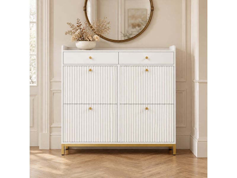  Meuble à chaussures à 4 abattants et 2 tiroirs, 106,5x25x107 cm, blanc  - Conforama B