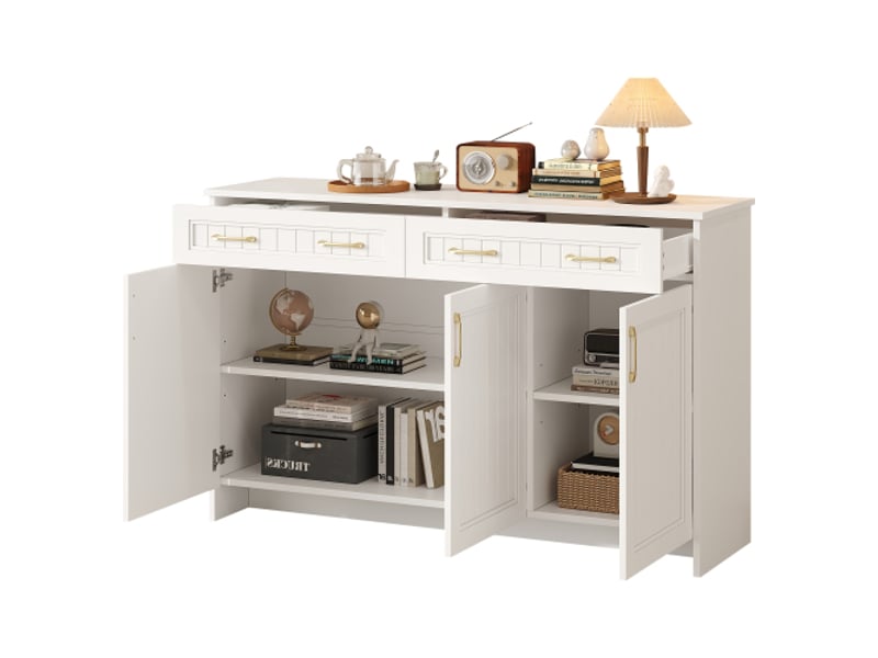  Buffet 140x40x90 cm blanc, 2 tiroirs, 3 portes, étagères réglables, mdf, charge 30 kg  - Conforama A