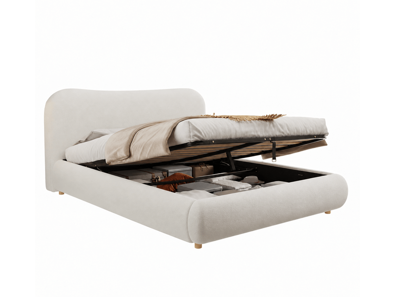  Lit coffre double 180x200 cm hydraulique avec sommier, tissu bouclette blanc  - Conforama A