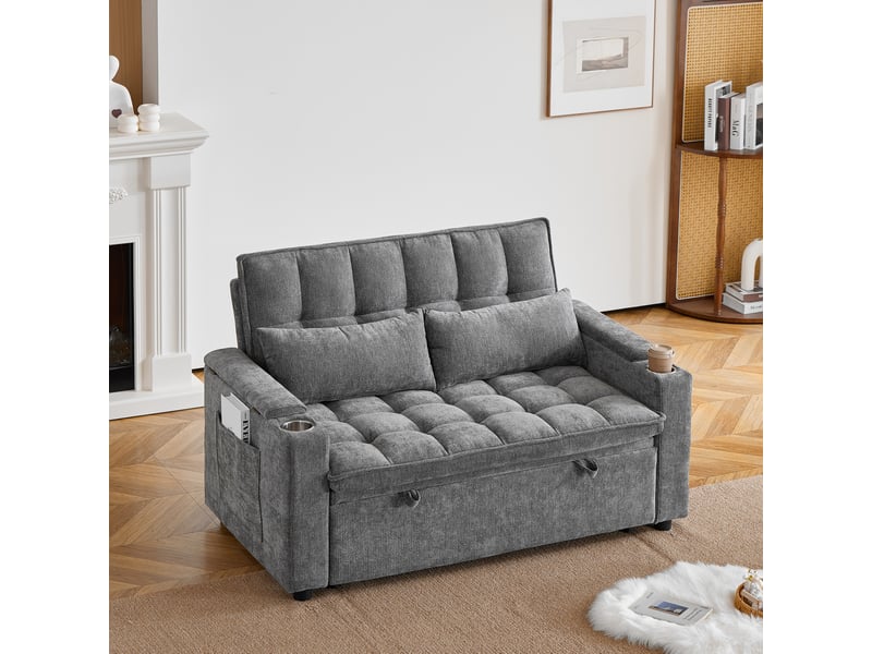  Anapé convertible 2 places 3 en 1 142x89x89 cm avec effet nuage, rangements accoudoirs, porte-gobelets, 2 coussins lombaires, chenille gris  - Conforama C