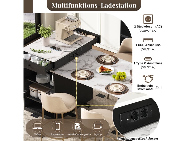  Îlot de cuisine, desserte extensible avec plateau amovible, multiprises et tiroirs, effet marbre, mdf et verre, noir et blanc  - Conforama E