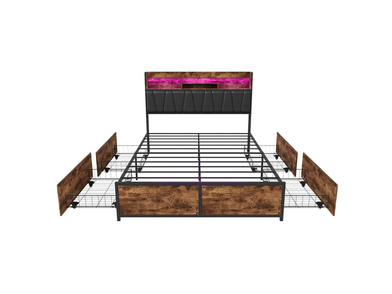  Lit double 140x200 cm avec 4 tiroirs et led, lit adulte avec ports usb et tête de lit capitonné, style industriel, noir  - Conforama A