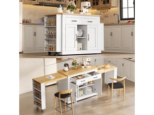 Îlot de cuisine mobile 142x55x93 cm - plans extractibles jusqu'à 340 cm - 9 roulettes (4 freinables) - prises 230v + usb - rangements multiples - structure mdf - blanc