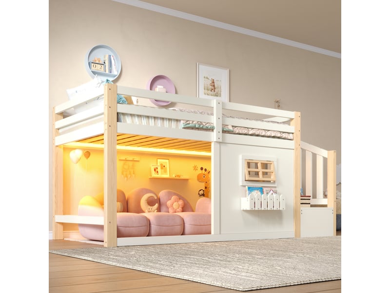 Lit mezzanine 90x200 cm, structure en pin massif, coloris naturel, rangements intégrés, éclairage led, escalier sécurisé, garde-corps, cadre stable - Conforama D