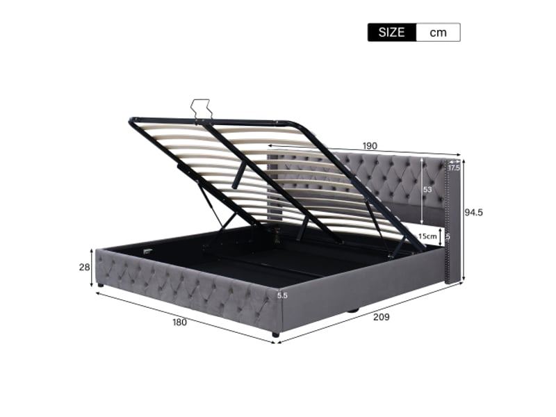  Lit double 180x200 cm, tête de lit oreilles capitonné, clous décoratifs, design velours gris, lit coffre hydraulique  - Conforama C
