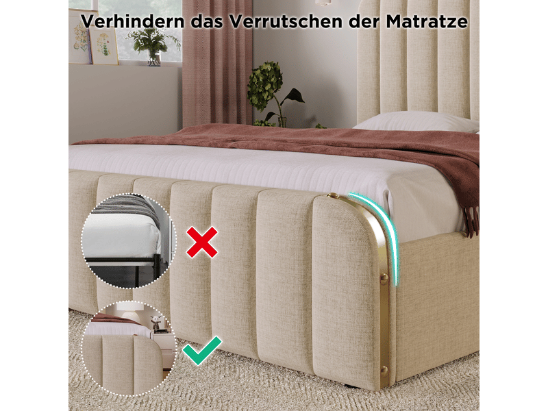  Rayofi abmb025051b - lit coffre capitonné 180x200 cm, lin beige, tête de lit rembourrée à rayures dorées, usb et type-c intégré, matelas inclus ABMB025051B - Conforama W