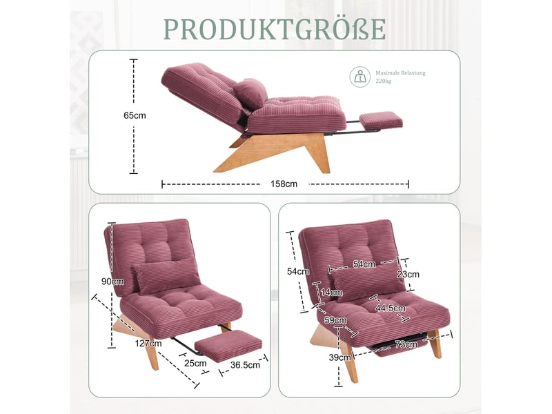  Fauteuil relax réglable avec repose-pieds et coussin lombaire en velours côtelé rouge bordeaux  - Conforama E