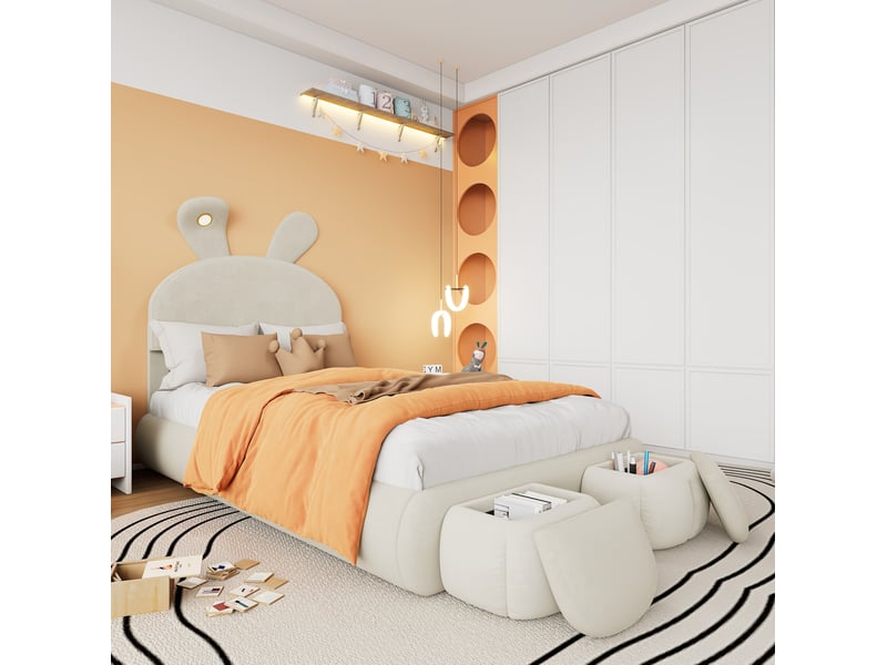  Lit enfant 90x200 cm en velours beige avec led réglable et 2 poufs de rangement  - Conforama E