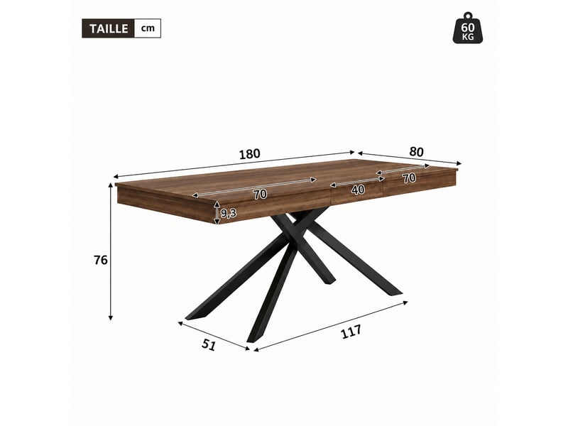  Table à manger extensible rectangulaire couleur noyer, 140 à 180 cm, 6 à 8 personnes  - Conforama C