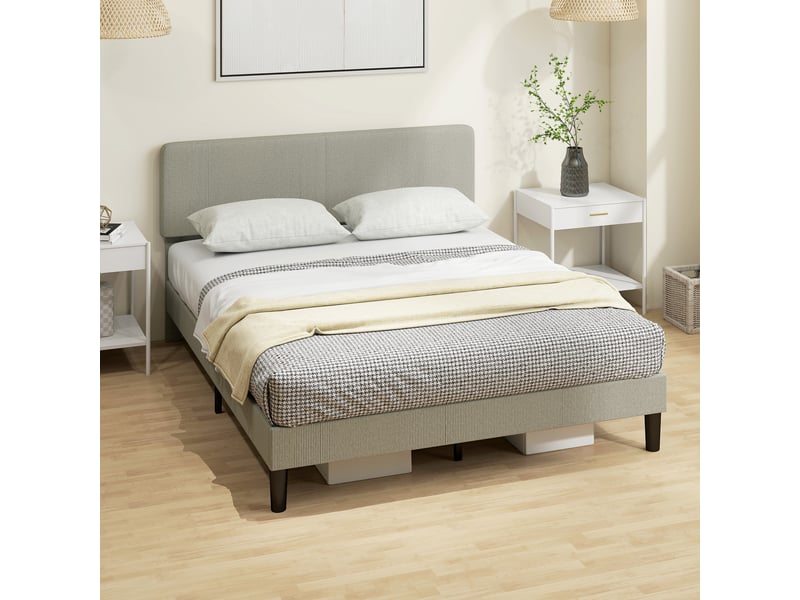  Cadre de lit 160 x 200 cm en velours côtelé gris, tête de lit réglable et sommier à lattes en bois  - Conforama D