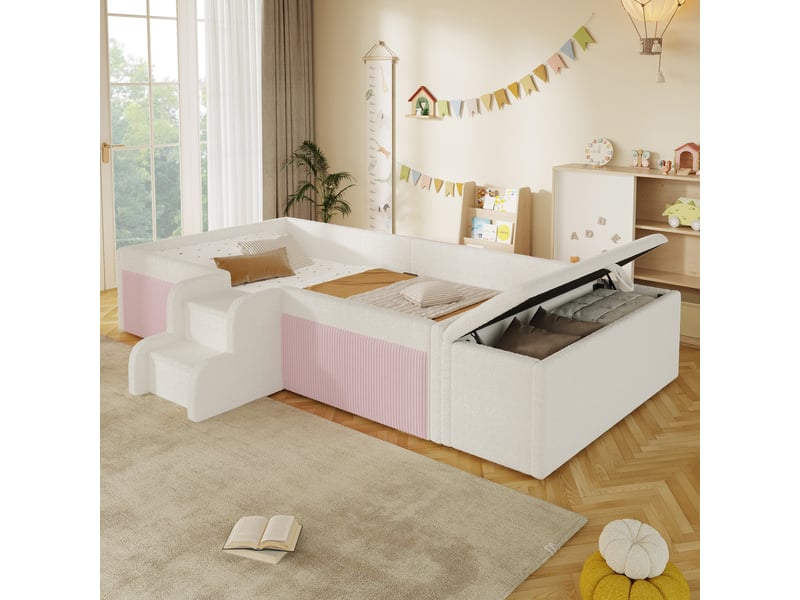 Lit enfant rembourré 90x190 cm en velours avec petit escalier d’accès sécurisé et banquette de rangement intégrée, pour chambre d’enfant - blanc - Conforama E