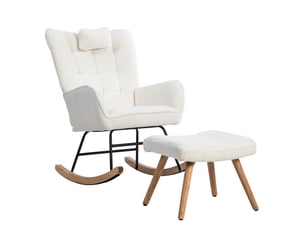 Fauteuil à bascule ergonomique blanc 92 cm avec repose-pieds, cadre en bois d'hévéa, blanc