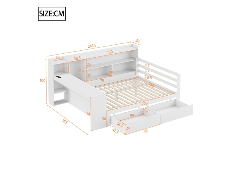 Lit double multifonction 140x200 cm avec bureau, rangements et prise usb, blanc - Conforama C