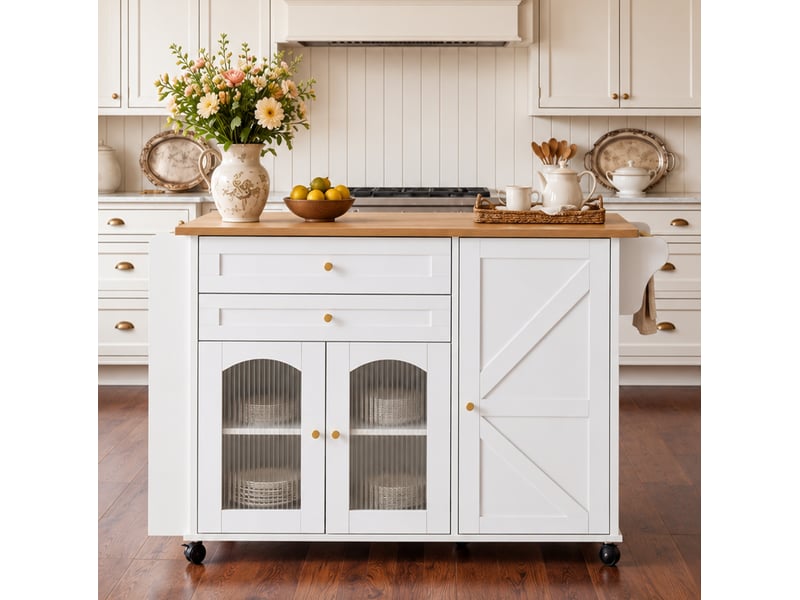 Îlot de cuisine mobile 110x70x99 cm avec plateau rabattable blanc et naturel  - Conforama E
