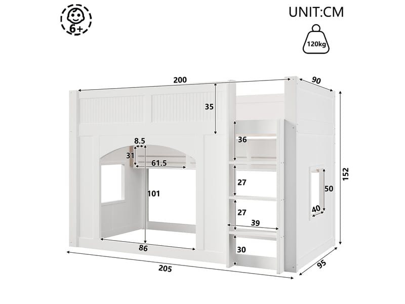  Lit mezzanine enfant 90x200cm style cabane avec bibliothèque, led multicolore, fenêtres et espace de jeu, mdf et pin - blanc  - Conforama C