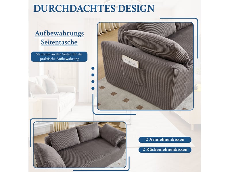  Canapé droit compact 170x86x60 cm 2 places avec accoudoirs incurvés des deux côtés, 2 coussins, tissu marron et gris  - Conforama E