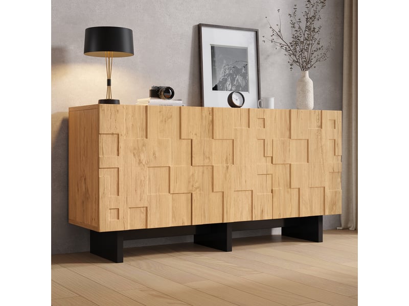  Buffet 3 portes 140 x 40 x 70 cm style campagne avec façades quadrillées, pour salon et cuisine, mdf et panneaux de particules, naturel OMNIGLINT TRADING LTD - Conforama B