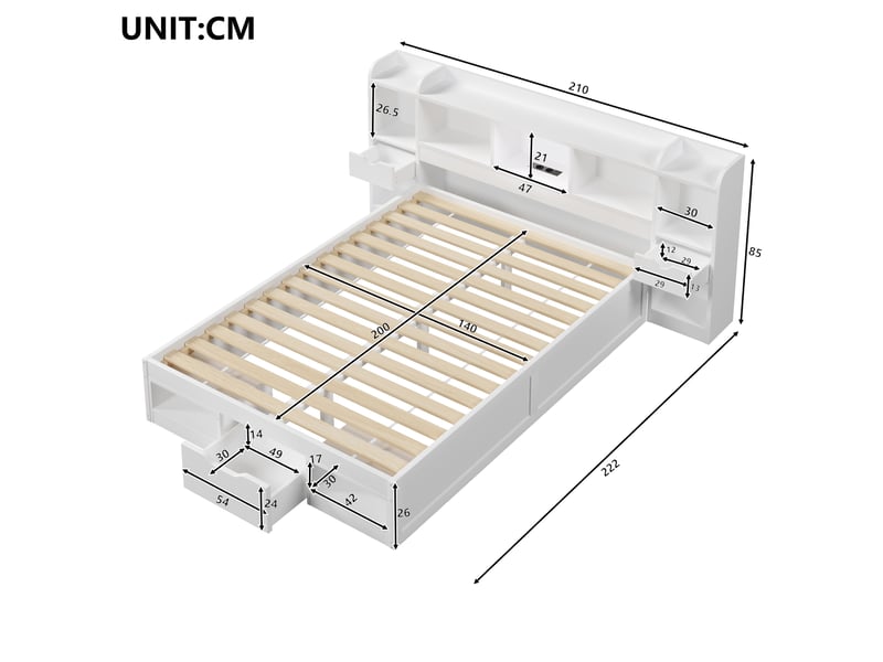  Lit 2 places 140x200 cm – blanc – tête et pied de lit avec rangements, 3 tiroirs, led et usb – sans matelas  - Conforama C