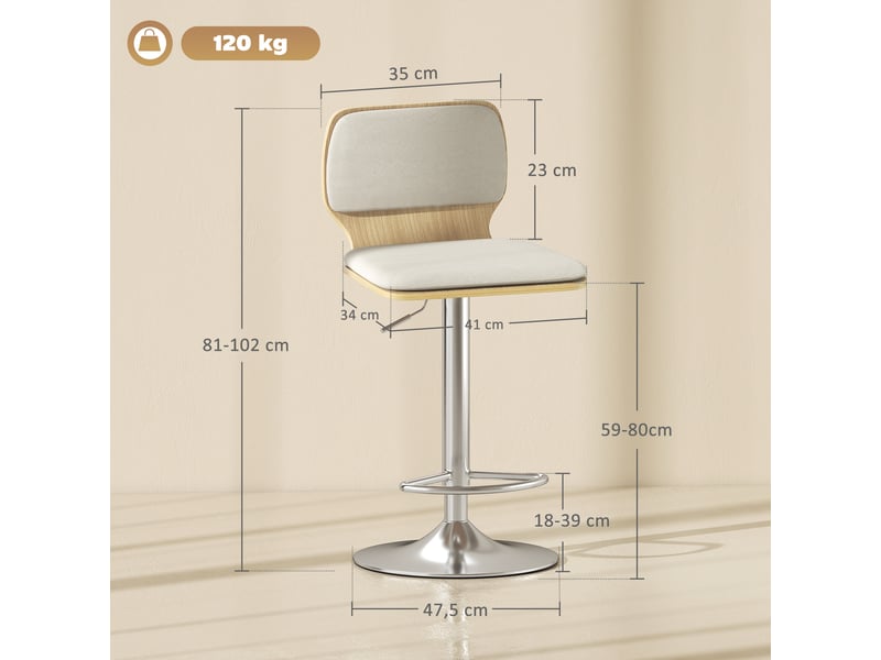 Ensemble de 2 tabourets de cuisine hauts, pivotants à 360°, hauteur réglable de 81 à 102 cm, revêtus de lin beige  - Conforama E