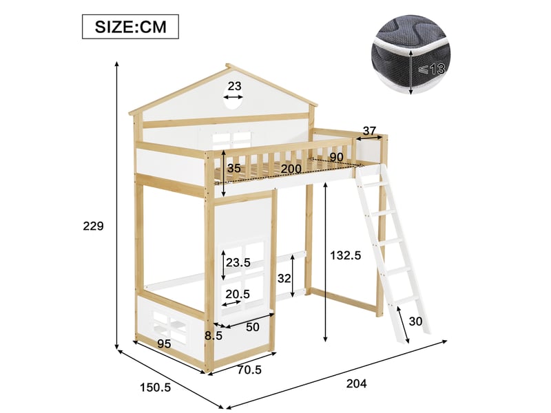  Lit superposé maison 90x200 cm, sécurité, toit avec fenêtres, escalier inclus, bois mdf, blanc naturel avec matelas  - Conforama C