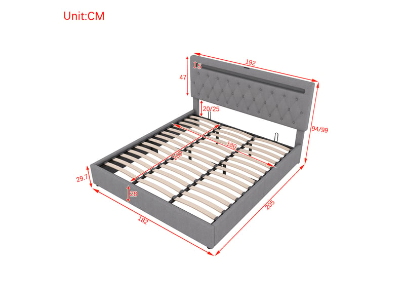  Lit coffre adulte 180x200cm, lit double avec led, usb, tête de lit réglable haut, sommier, tissu lin, gris sans matelas  - Conforama C