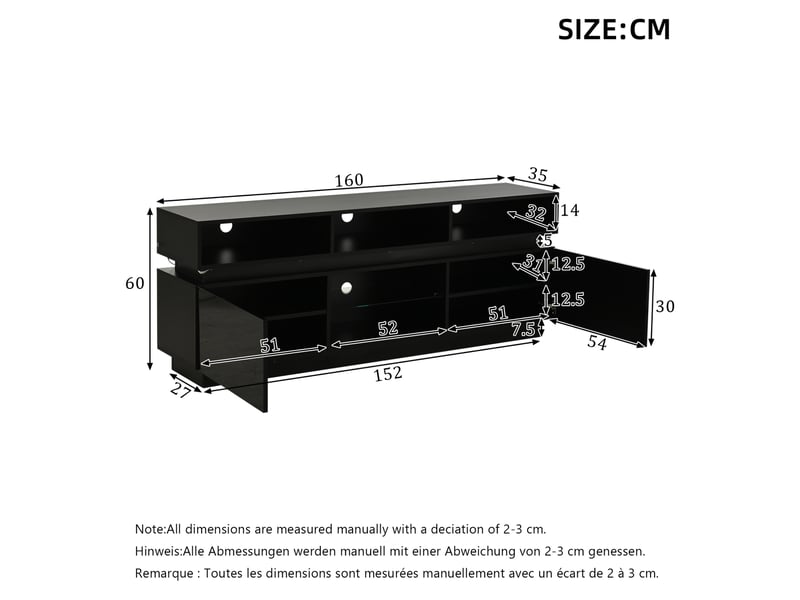  Meuble tv tcqpz 160 x 35 x 60 cm led mdf noir pour tv jusqu’à 60 pouces  - Conforama C