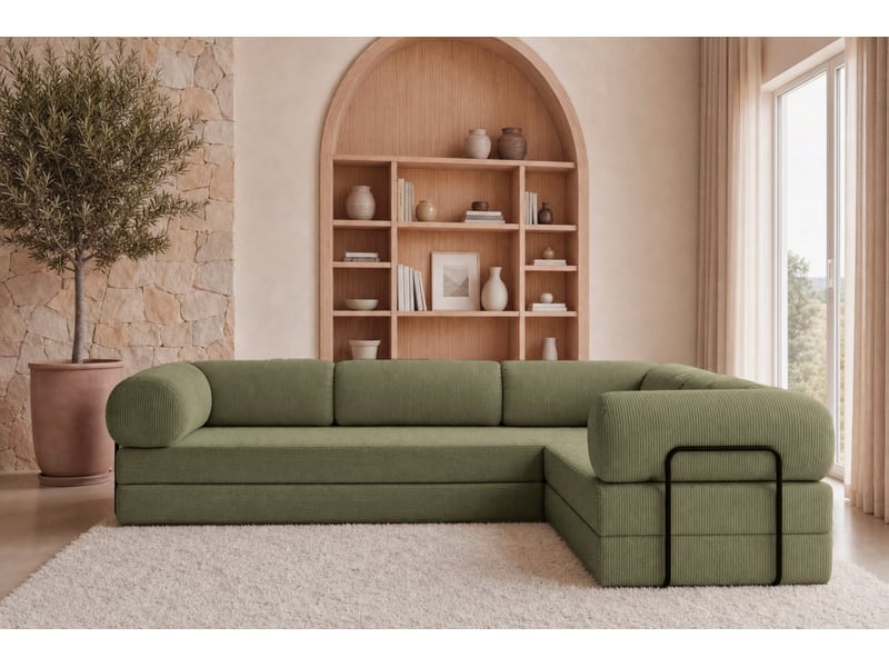  Cosima l - canapé d'angle convertible petit velours côtelé 4 places vert gauche  - Conforama D