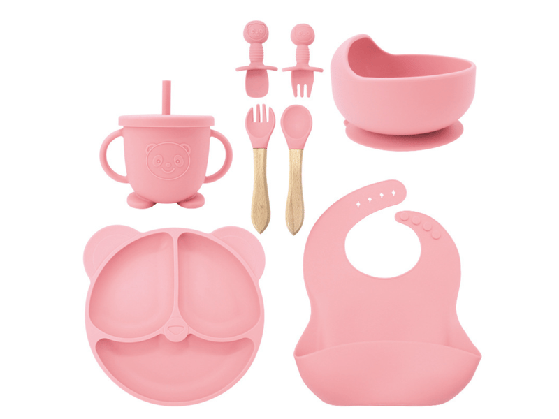  Ensemble de vaisselle pour enfants en silicone rose, comprenant assiette, cuillère, fourchette, tasse, bavoir et bol  - Conforama A