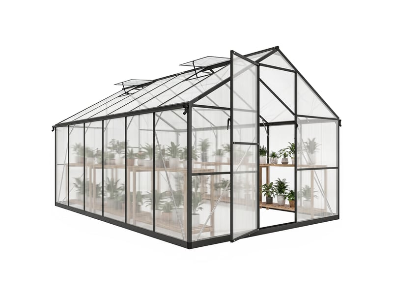  Serre de jardin en aluminium polycarbonate, serre avec fenêtres supérieures réglables 363x247x205cm noir  - Conforama A