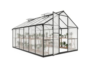 Serre de jardin en aluminium polycarbonate, serre avec fenêtres supérieures réglables 363x247x205cm noir