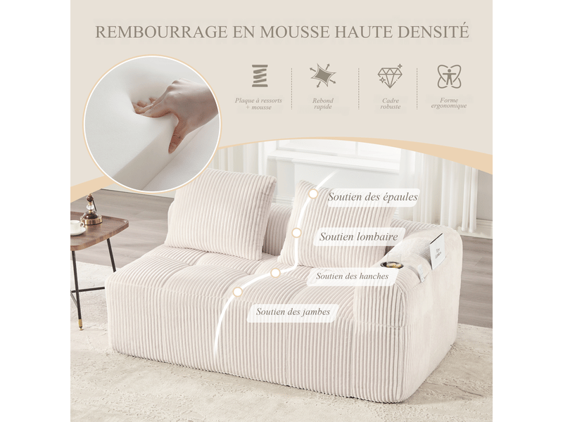  Canapé droit 2 places en velours côtelé beige 158x93x61 cm, poches latérales et porte-gobelets, salon séjour 158x93x61cm - Conforama D