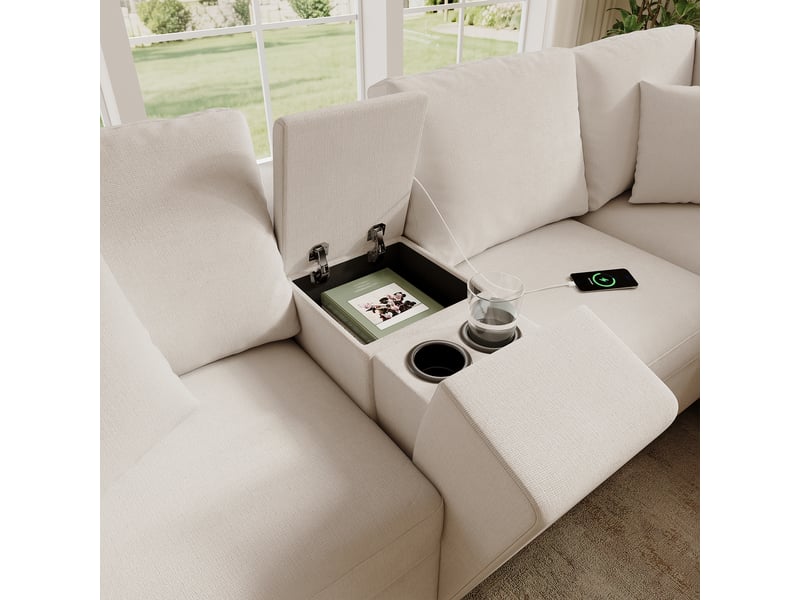 Canapé d'angle en l 5 places 235 cm beige en chenille, console coffre, porte-gobelets, usb-c et liseuse Fay Lum - Conforama E